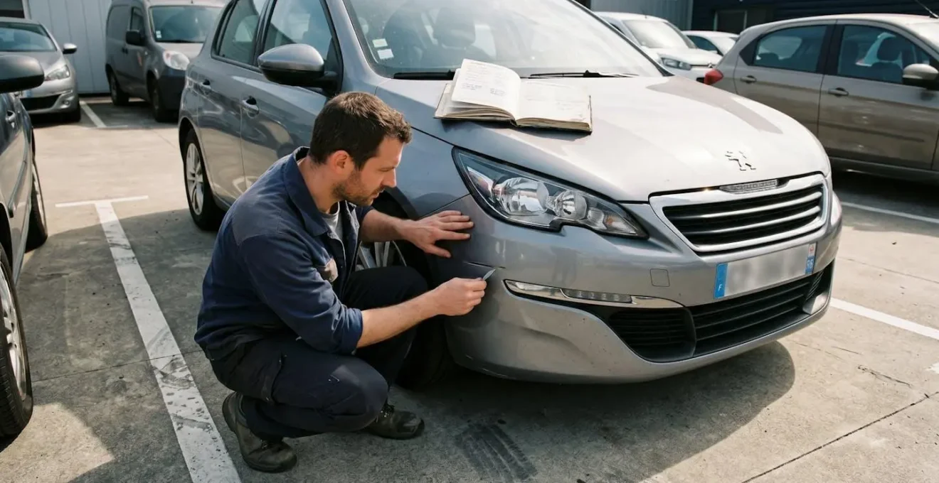 Acheteur accroupi inspectant la carrosserie d'une berline compacte grise, carnet d'entretien ouvert visible sur le capot, parking professionnel