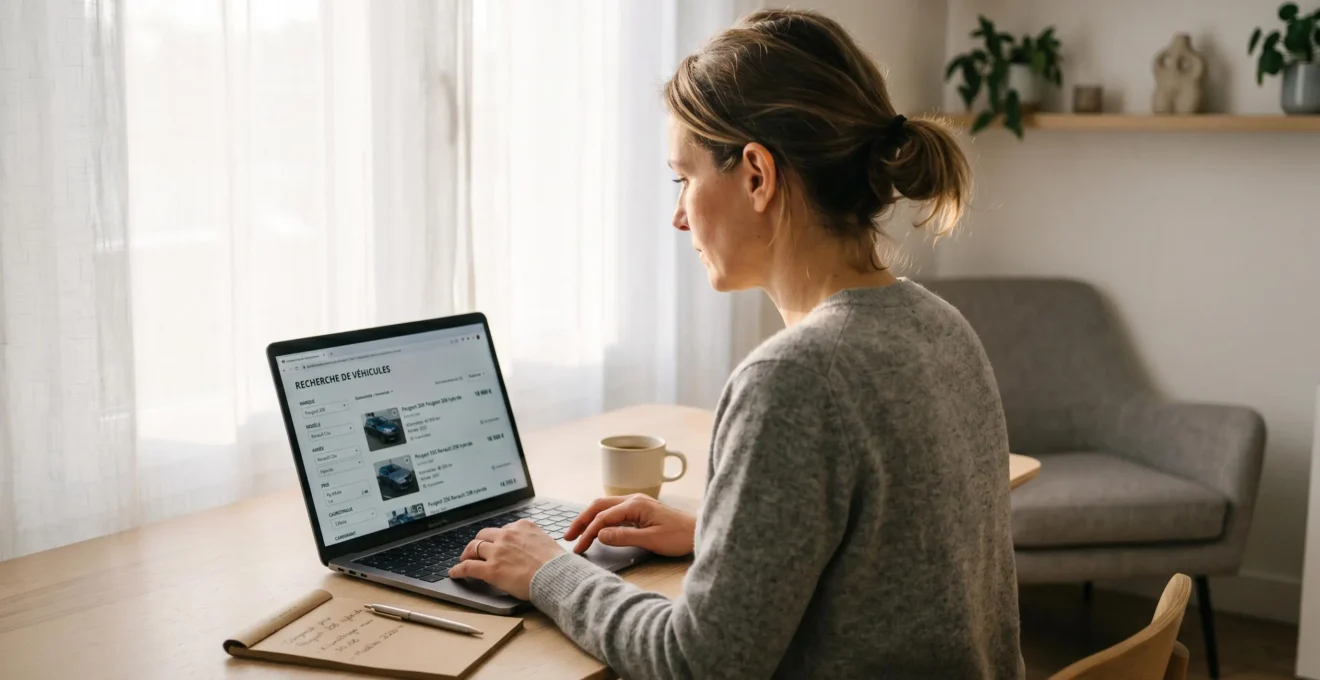 Femme consultant une plateforme de recherche automobile sur ordinateur portable dans un bureau à domicile moderne et lumineux
